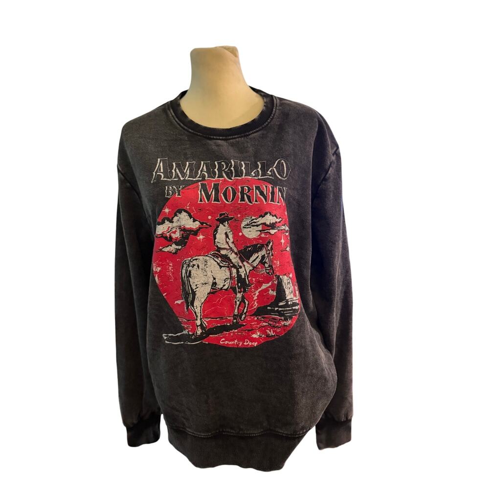 Country Deep Amarillo By Mornin
Vintage Cowboy Sweatshirt Size Large Washed Blk